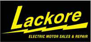 Logo for "Lackore Electric Motor Sales & Repair" with yellow text on a black background and a yellow lightning bolt underlining the company name.